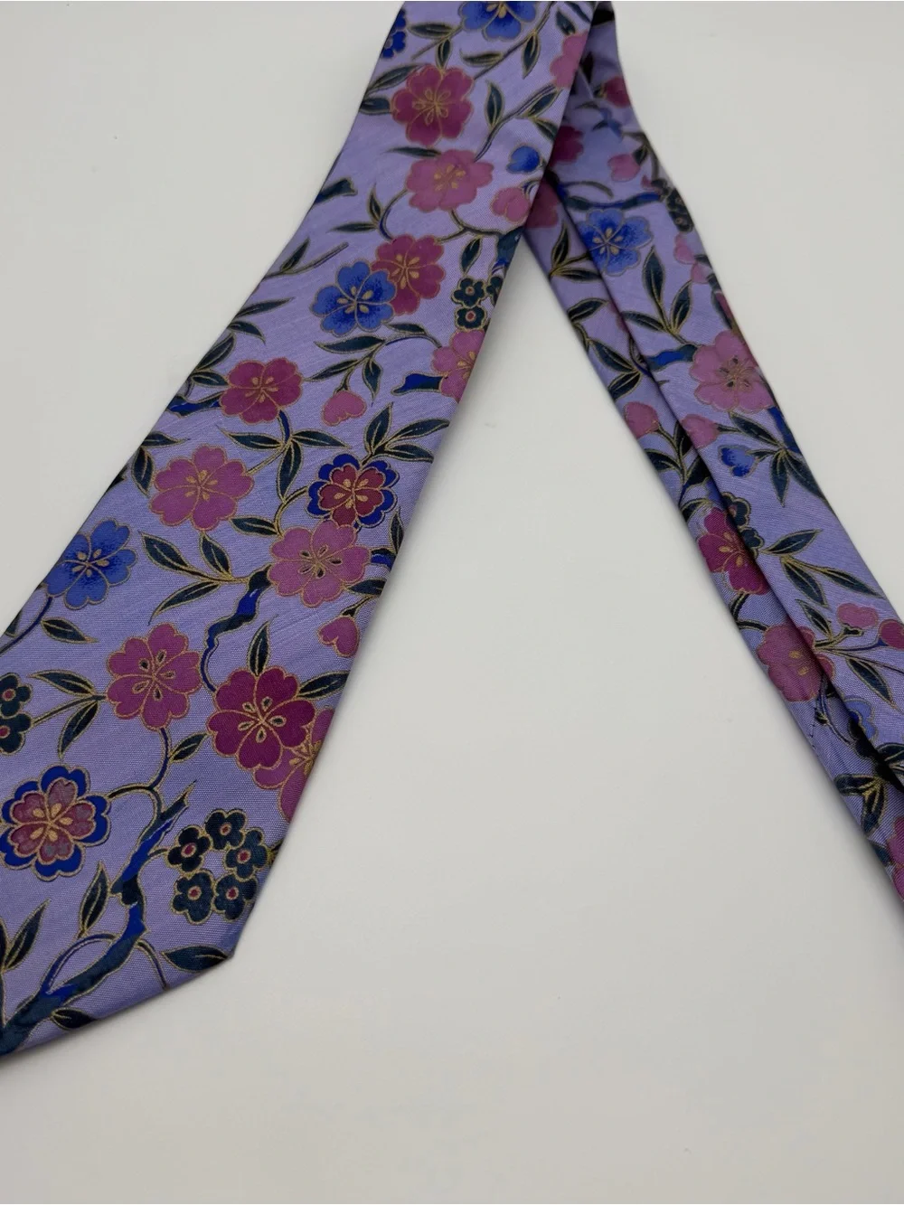 Men's Floral Silk Tie Lavender with Pink and Blu 100% Silk Handmade in Thailand